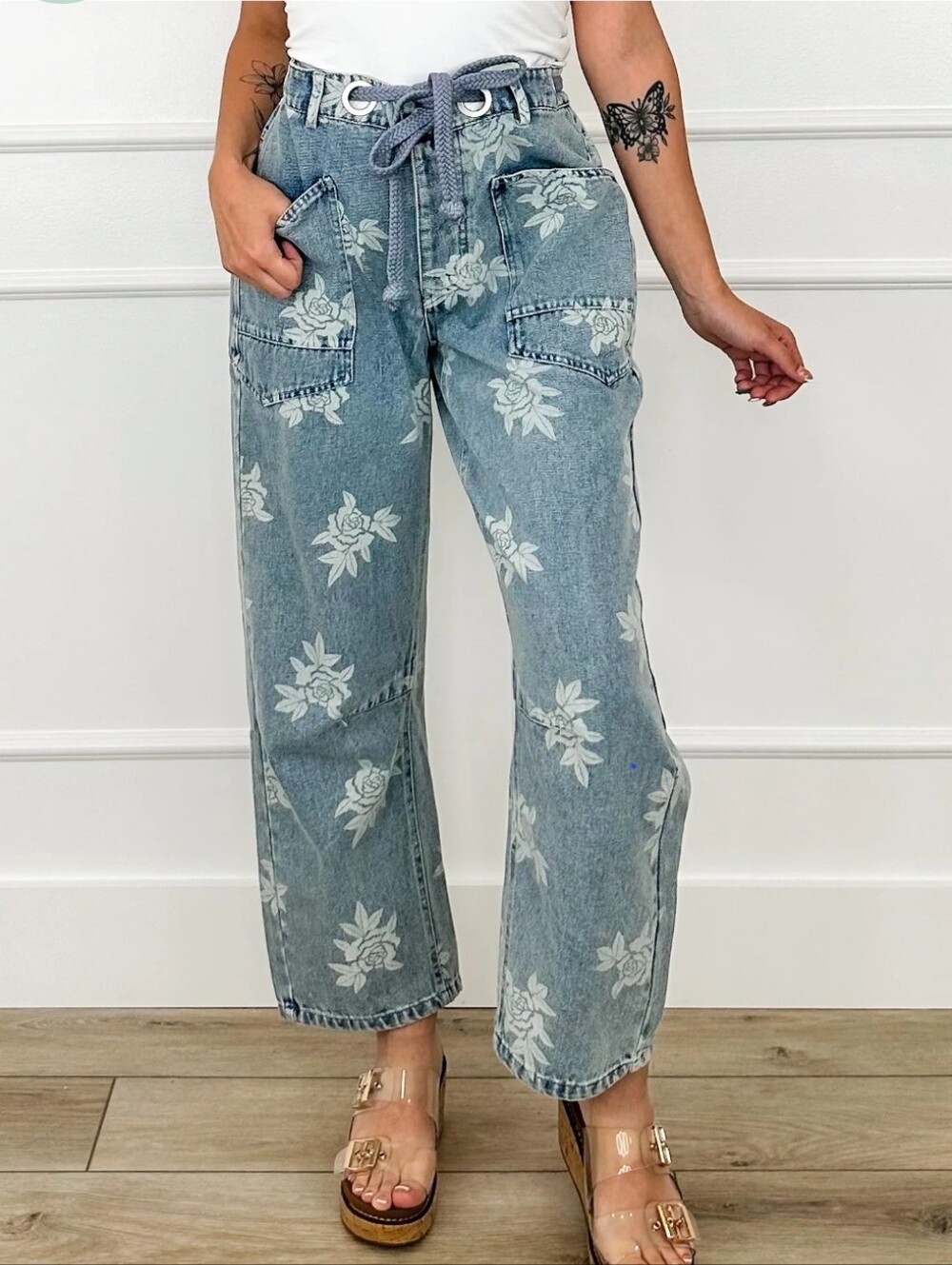 131p BiBi Light Blue Floral Barrel Jeans with Rope Waist